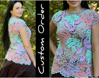 FREE SHIPPING! Crochet Top CUSTOM Order - Antique Irish Lace Blouse - Summer Women Handmade Shirt - Knit Sweater