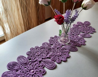 Crochet TABLE Runner Purple CENTERPIECE for Housewarming Party - Gift for the Home - Floral Decor for Kitchen - Lace Table Cloth for Hostess