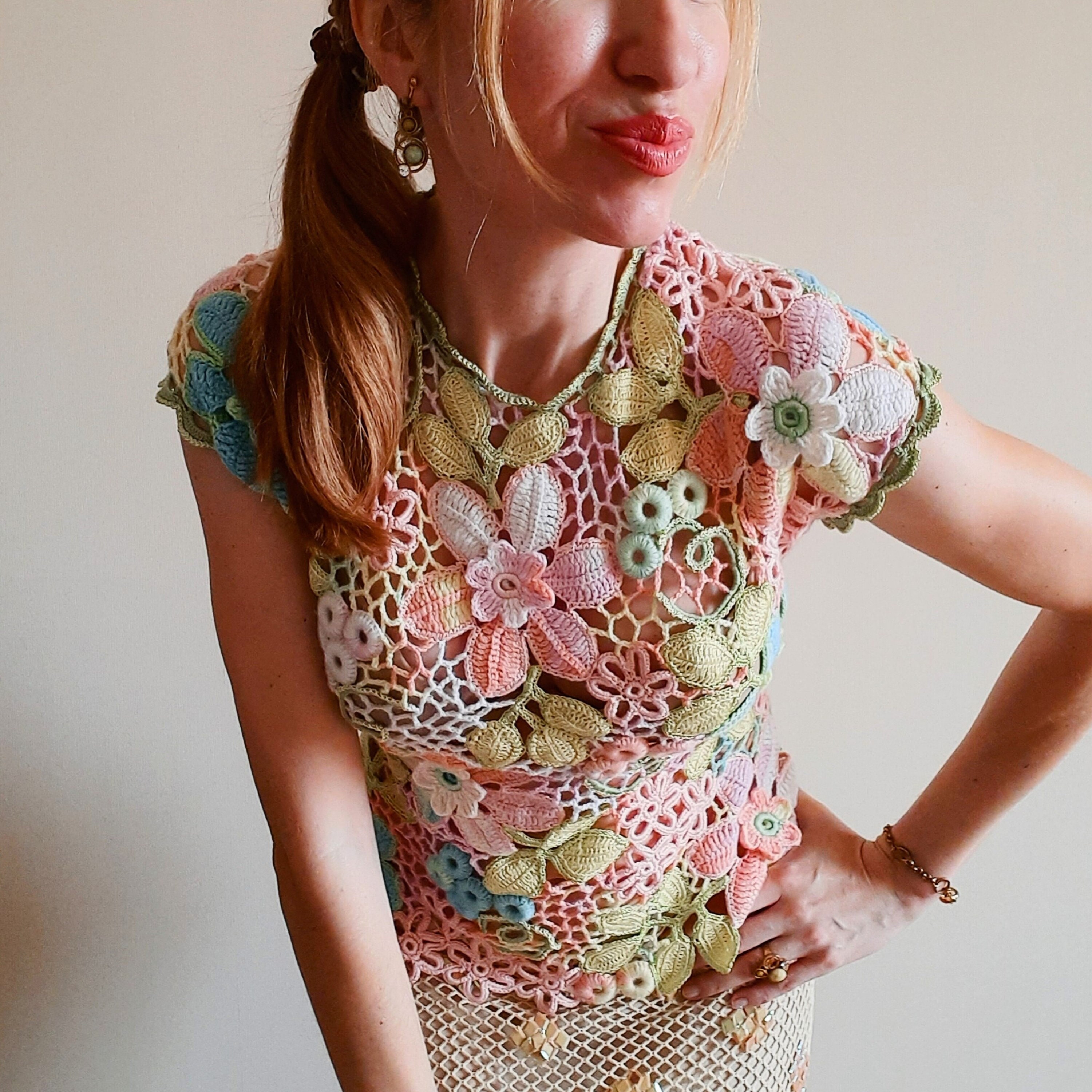 Women Crochet Short Sleeve Sweater Top Crew Neck Pullover