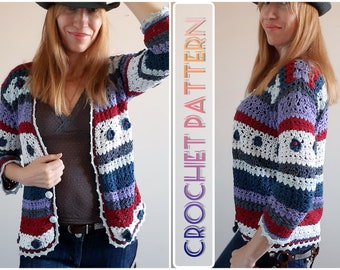 EASY Crochet Open Striped Baggy CARDIGAN Pattern - Quilted Loose Fit Sweater - Oversized Rainbow Shrug Jacket for Women pdf Pattern