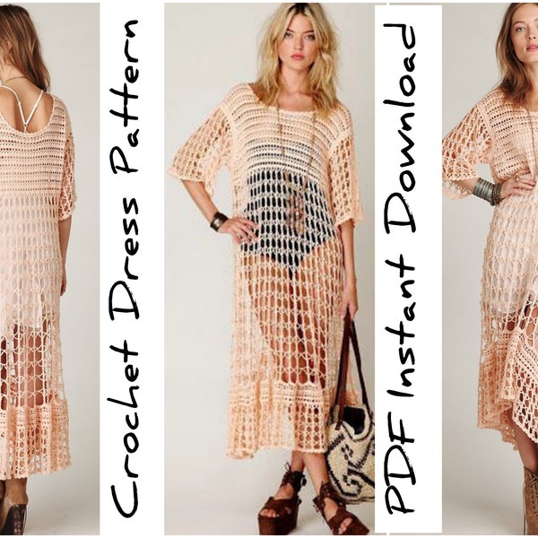 Crochet Maxi BOHO OVERSIZED DRESS Pattern pdf for Women - Summer Beach Plus Size Dress - Lace Cover Up Digital Pattern