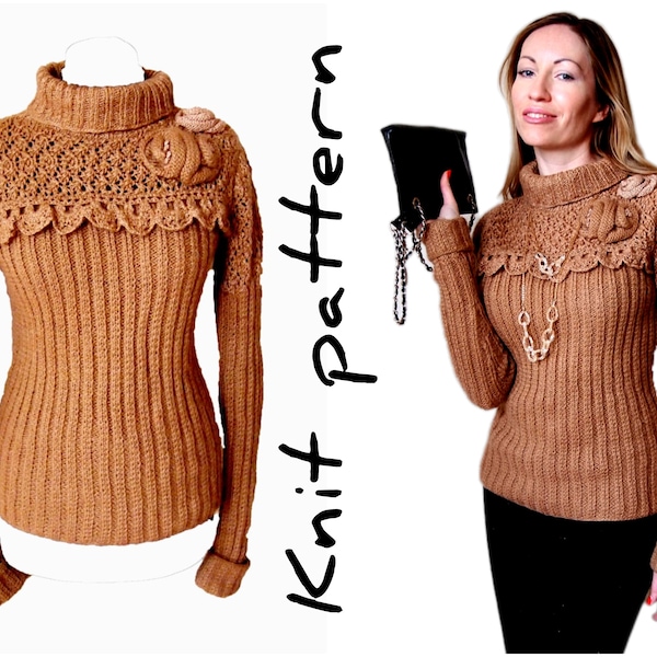 Knit Cable Wool SWEATER Digital Pattern pdf for Women - Mohair Turtleneck PULLOVER - Fall Knitted Cotton Sweater Pattern