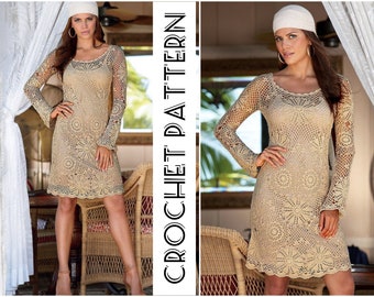 CROCHET MIDI long sleeve DRESS Pattern pdf - holiday mesh beach dress - lace see through digital - summer bohemian dress pattern