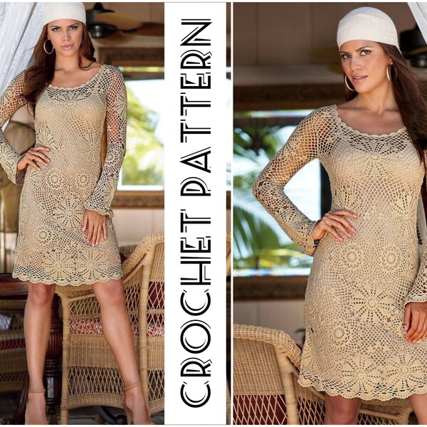 CROCHET MIDI long sleeve DRESS Pattern pdf - holiday mesh beach dress - lace see through digital - summer bohemian dress pattern