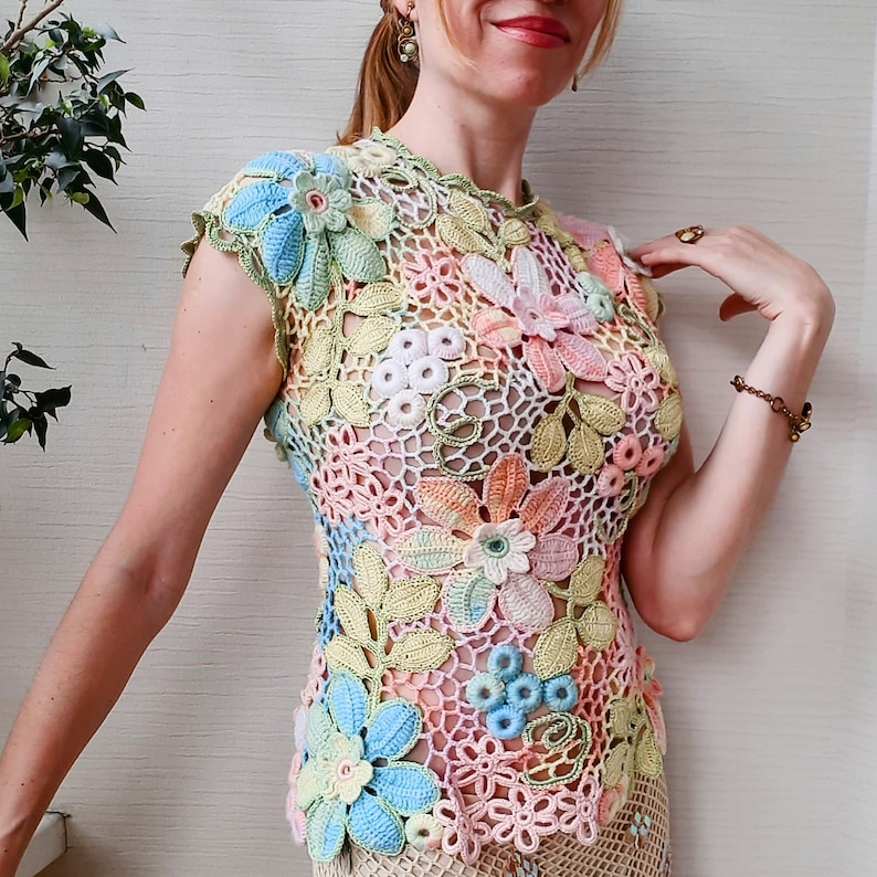 TUTORIAL IRISH CROCHET Tee Top Vest Pattern - Floral Rainbow Lace Short Sleeve Sweater Blouse - Summer T-Shirt for women image 6