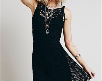 CROCHET Little Black Dress PATTERN Digital pdf - FESTIVAL Open Back Holiday Lace Dress - Beach Backless Vintage Mini Dress for Women