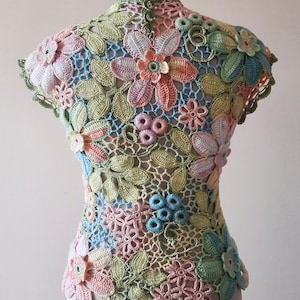 TUTORIAL IRISH CROCHET Tee Top Vest Pattern - Floral Rainbow Lace Short Sleeve Sweater Blouse - Summer T-Shirt for women image 5