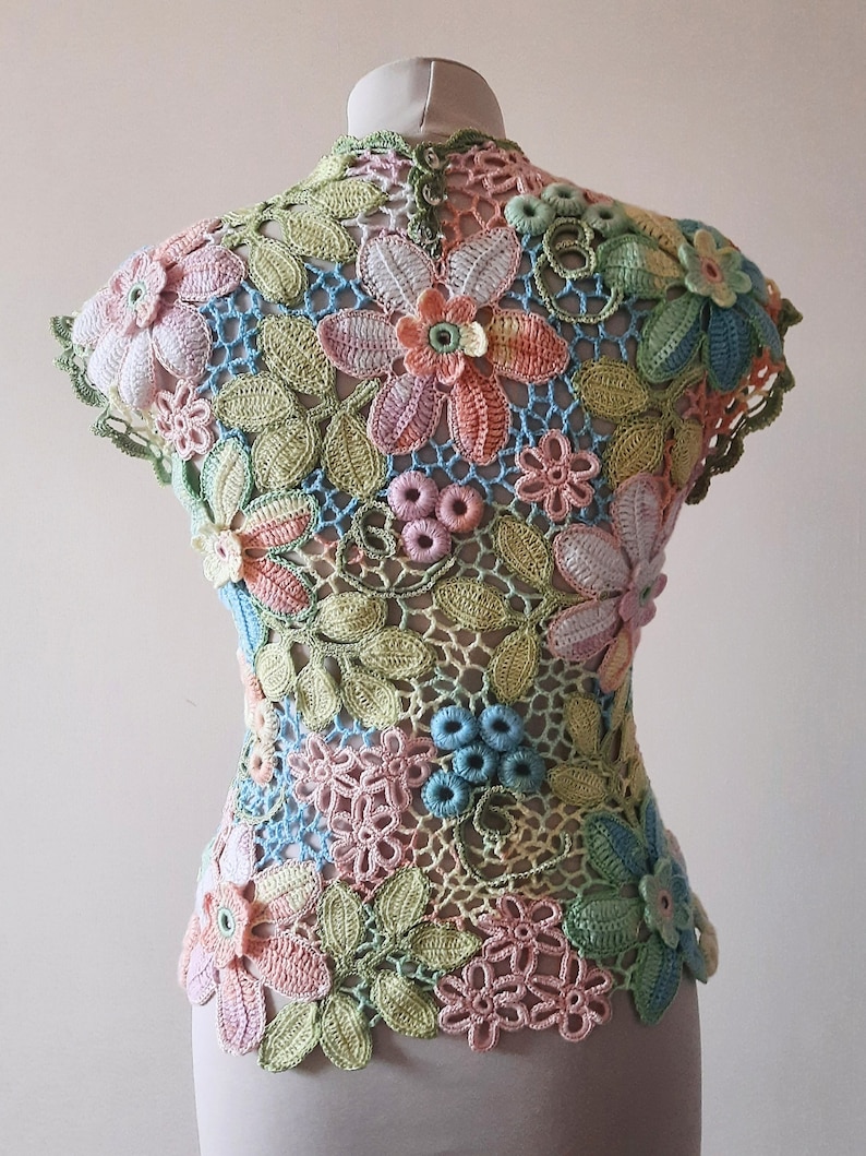 TUTORIAL IRISH CROCHET Tee Top Vest Pattern - Floral Rainbow Lace Short Sleeve Sweater Blouse - Summer T-Shirt for women image 5