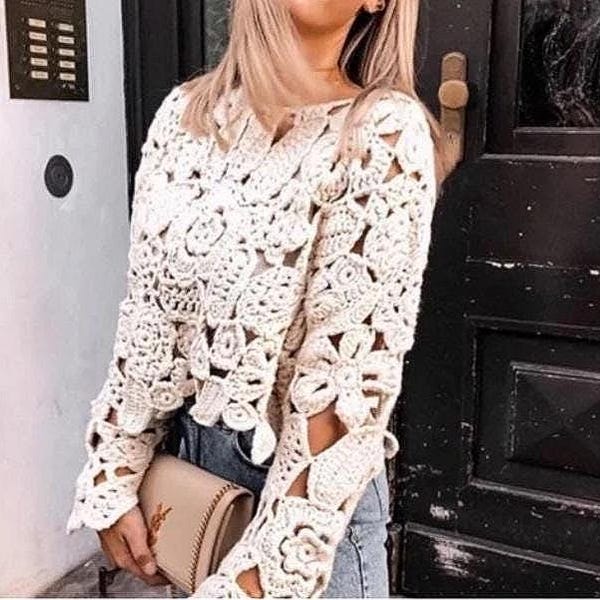 Boho Crochet Lace Sweater Pattern PDF, Floral Motif Crochet Pullover Pattern, Women's Loose Fit Crop Top, DIY Festival Sweater