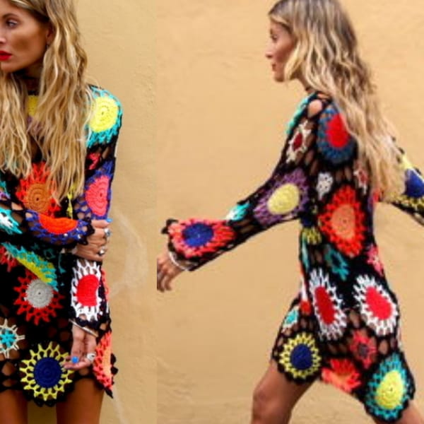 Crochet Cover Up Boho Robe Pattern - Granny Square Rainbow Dress - Beach Holiday Oversized Tunic of Hippie Style