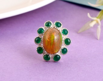 Natural ethopian honey opal halo ring in silver,opal cabochon ring with green onyx halo , opal cabochon ring in silver