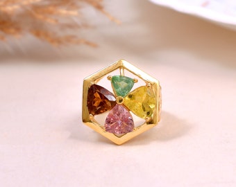 Multi shape tourmaline ring in gold plated silver ,natural tourmaline rings, multi colour tourmaline gemstone statement ring,silver rings