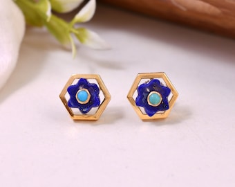 Lapis lazuli and turquoise earrings in 18kt gold plated sterling silver,hexagon inspired stud earrings,small push back silver stud earring