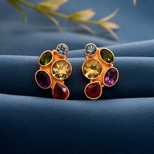 Multi gemstone silver earrings,push back silver earrings ,daily wear gold plated silver earrings ,