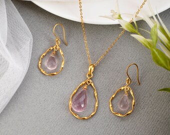 Rose quartz faceted drop pendant set with matching earrings ,18kt gold plated silver pendant set, matching pendant and earringsin silver