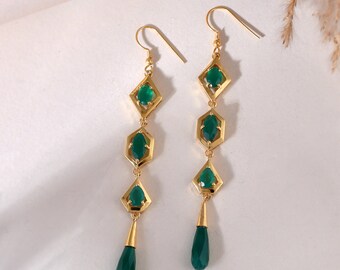 Green onyx light weight 925 sterling silver gold plated long earrings,best silver jewellery gift,gold plated earrings,fancy designer earring