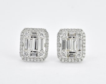 Natural Diamond Earrings, 18KT White Gold Diamond Halo Cluster Stud Earrings, Elegant Diamond Earrings