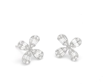 Natural Diamond Earring, 18KT White Gold Flower Stud Earring, Simple Diamond Earrings, Bridal Diamond Earrings