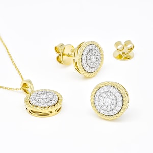 Natürliche Diamant Braut Schmuck Set, 18KTT Gold Ohrringe Anhänger, Damen Diamant Halskette Ohrring Set, Luxus Diamant Brautschmuck