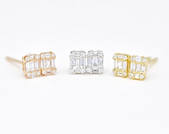 Natural diamond Earrings, 18KT Gold  Illusion Cluster Modern Stud Earring, Simple Diamond Earrings, Minimalistic Gold Earrings