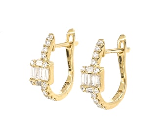 Natural Diamond Earrings, 18KT Gold Petite Hoop Earring,Baguette Cluster Hoops, Exclusive Diamond Earrings for Women