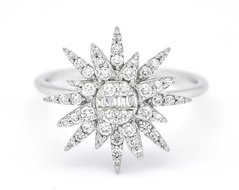 Natural Diamond Ring, 18KT White Gold Statement Ring, Modern Diamond Ring, Unique star burst Ring
