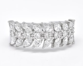 Natural Diamond Band, 18KT White Gold Marquise Half Eternity Band Ring, Perfect Anniversary Ring