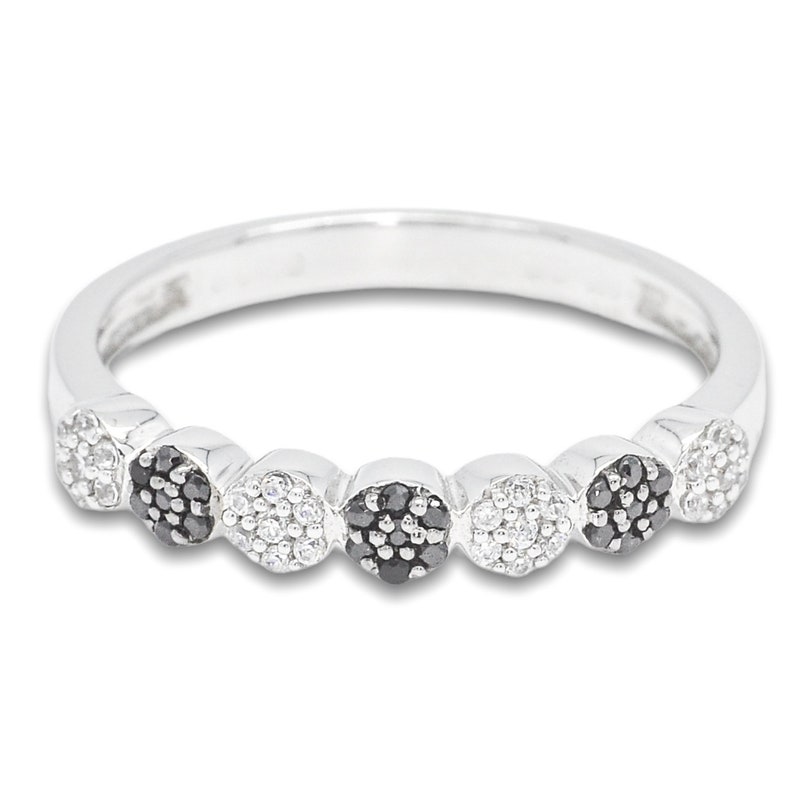 S925 Sterling Silver 7 Cluster Ring with White and Black Cubic Zircon CZ Ring R2802BLK