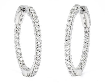 Natural Diamond Hoops, 18KT White Gold Hoop Earring, Simple Single Row Hoops, Women's Diamond Hoop, Women Diamond Earrings