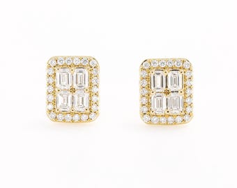 Natural Diamond Earrings, 18KT Gold Stud Earrings, Modern Cluster Earrings, Diamond Anniversary Gift for Her, Simple Diamond Earrings