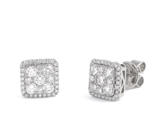 18KT White Gold Diamond Halo Earrings, Square Cluster Studs