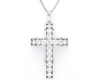Natural Diamond Pendant,  18KT White Gold Vintage Cross Crucifix Pendant Necklace, Simple Diamond Cross, Gift for mom