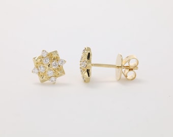 Natural Diamond Earrings, 18KT Yellow Gold Star Burst Stud Earrings, Small Stud Earrings, Gift for Her, Simple Diamond Earrings