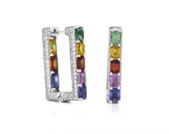 Natural Diamond Hoop Huggies, 18KT White Gold Colour Stone Hoops, Minimalistic Earrings, Rainbow Sapphire Earrings, Sapphire Hoop Earrings