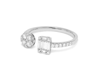 Natural diamond Ring/18KT White Gold with Diamonds Statement Ring, Multi Shape Cluster Halo Open Shank Illusion Ring, Anniversary Ring