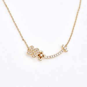 Natural Diamond Pendant, 18KT Gold Diamond Flower Curved Bar Necklace, Minimalistic Pendant, Gift for her