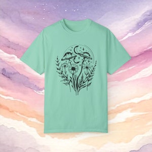 Celestial Mushroom, Ferns, and Flowers T-shirt