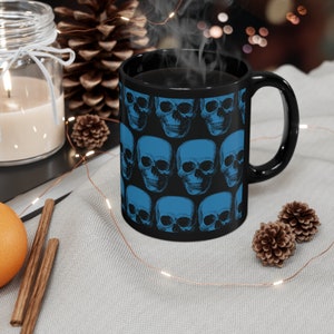 Blue Goth Skull Pattern 11oz Black Halloween Mug, Gifts for Goths - Free Shipping