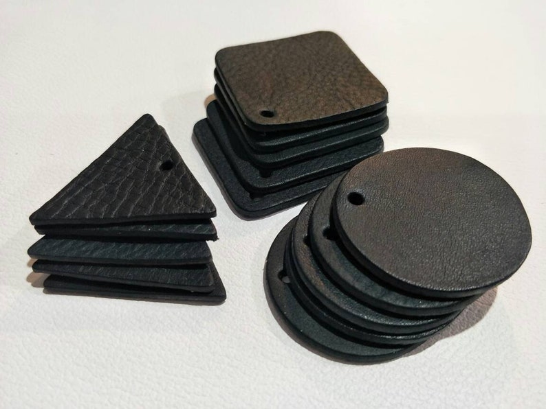 3 Shapes Circles Squares Triangles.Vegetable Tanned Leather. Black 40mm. Blank Leather Tags with Hole Leather Tags Blank Leather Labels