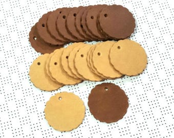 Vegetable Tanned Leather Scallop Circle Tags: Natural or Tan, 2 Sizes, 20 Pieces