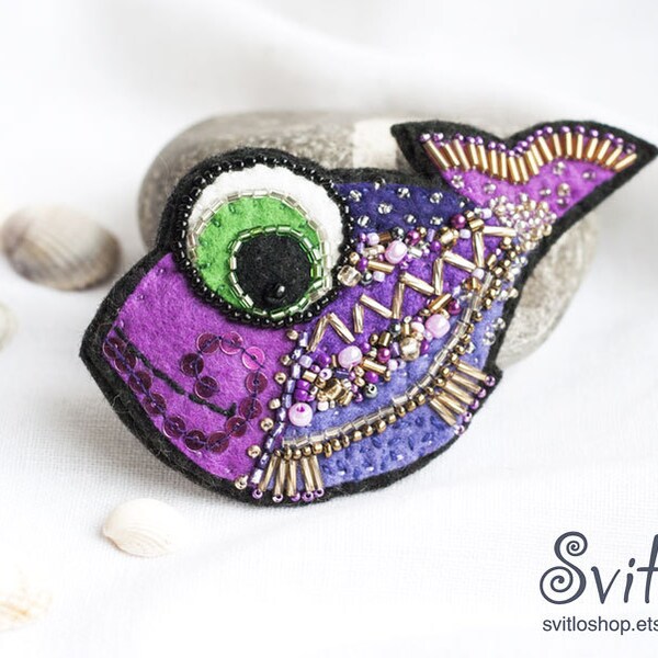 Fish Brooch Purple Textile Jewelry felt&beads
