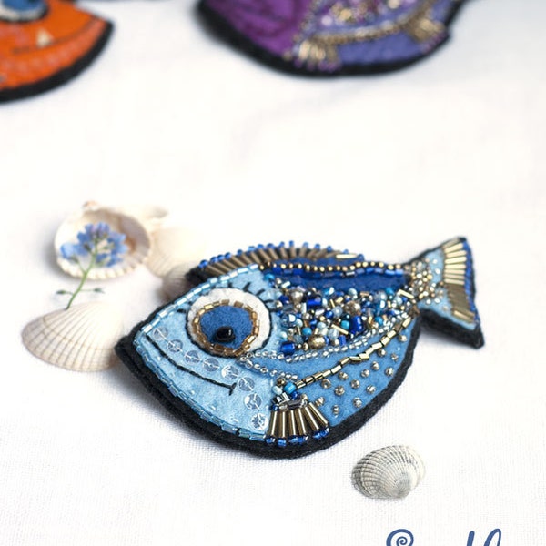 Brooch Fish Golden Blue | Felt Brooch | Beaded Embroided | Pin | Gold | Beads | Textile Jewelry | Fiber Pin | Wearable Art | Beadwork