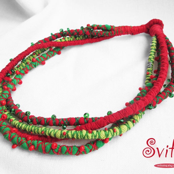 Reserved for Sally/ Textile Beaded Necklace Green and Red Textile Necklace Textile Art Fashion  Unique Original Jewelry Holiday Gift for Her