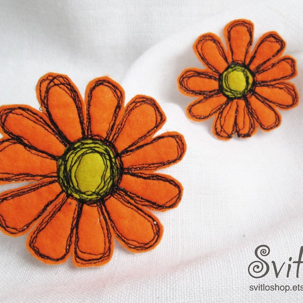 Brooch orange gerbera 2in1 Set | Textile Art Felt Brooch | Free Hand Machine Embroided Brooch Pin | Spring Celebrations | Idea for Gift