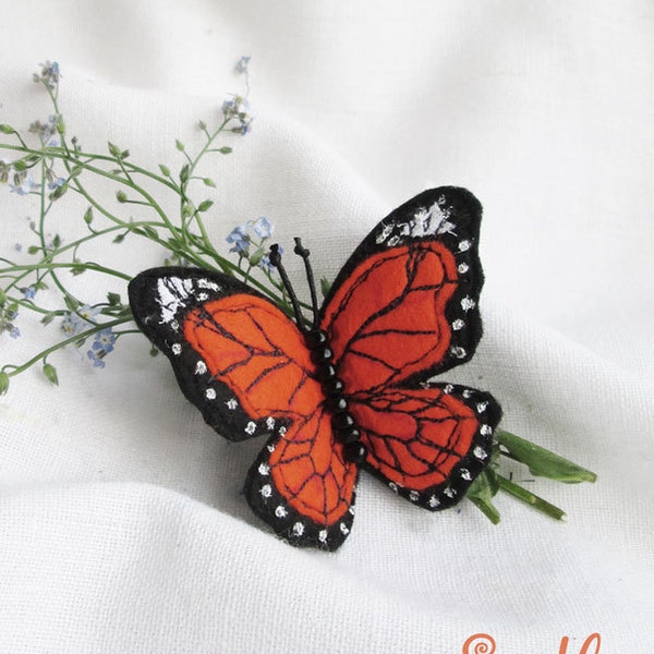 Reserved for Sally/Brooch Butterfly Orange/ Felt Brooch/Hand Painted Brooch/Free Hand Machine Embroidery Brooch