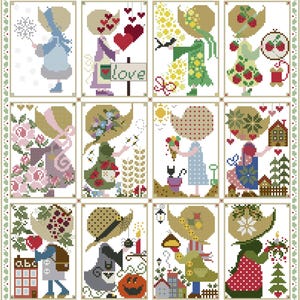 Può includere: Un set di 12 schemi di ricamo a punto croce con ragazze adorabili in vari abiti e ambientazioni stagionali. Gli schemi includono una ragazza con un fiocco di neve, una ragazza con un cuore, una ragazza con dei fiori, una ragazza con un uccello, una ragazza con delle fragole, una ragazza con una rosa, una ragazza con un'ape, una ragazza con un gelato, una ragazza con una casetta per uccelli, una ragazza con una mela, una ragazza con un ragno e una ragazza con un albero di Natale.