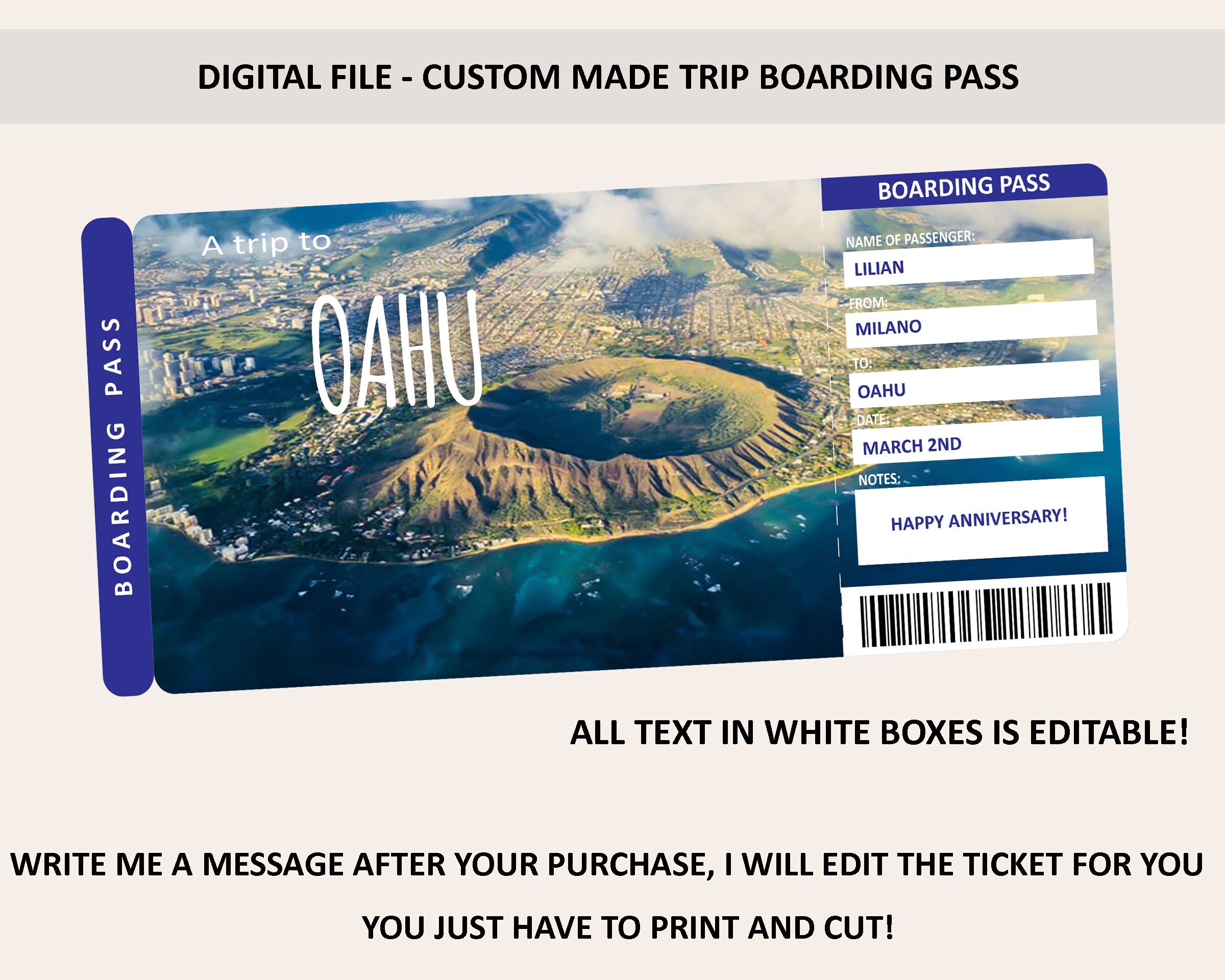 Oahu Ticket Gift Honolulu Trip Boarding Pass Oahu Digital File Etsy