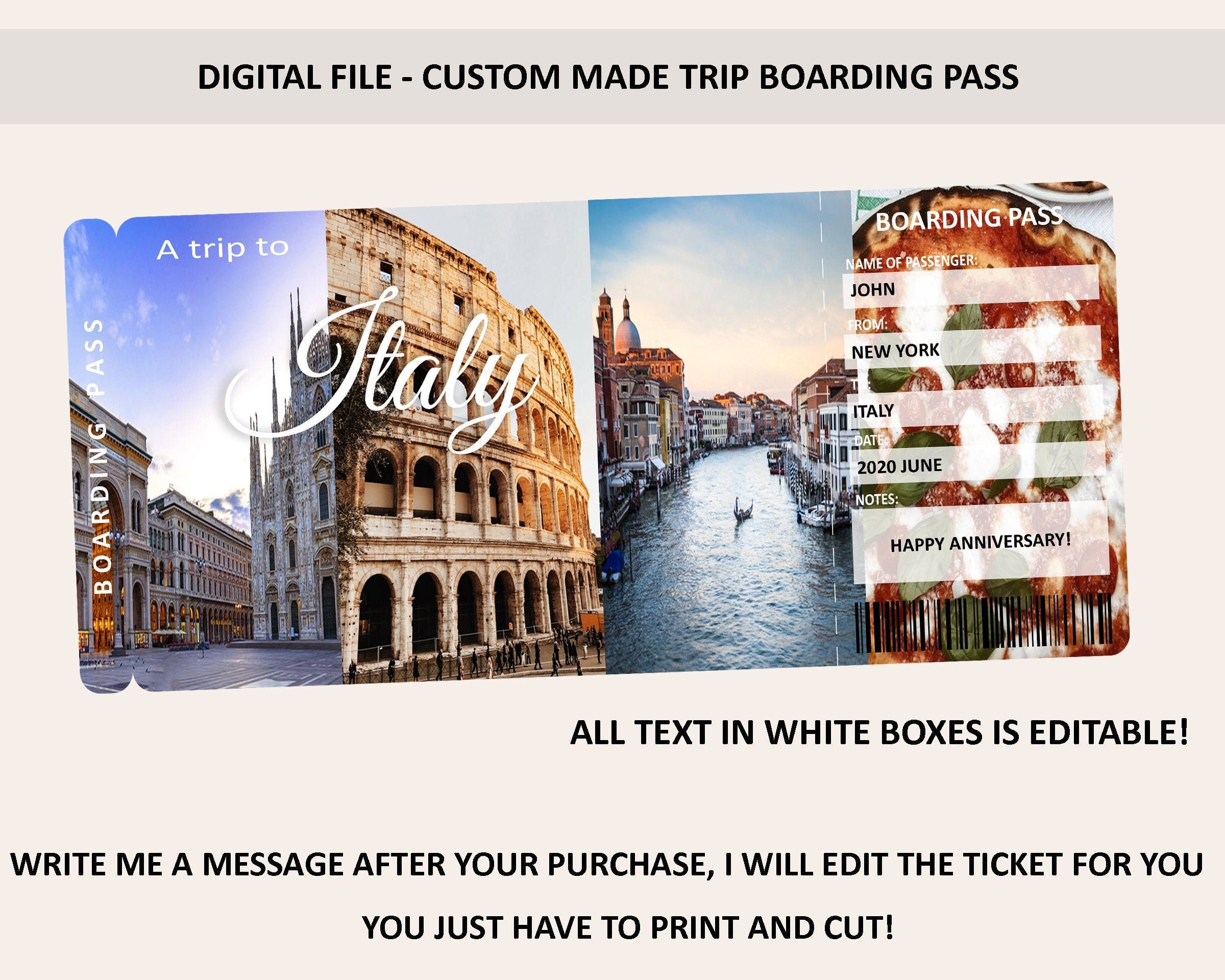 Italy Boarding Pass Ticket Italy Trip Surprise Italy Digital Etsy