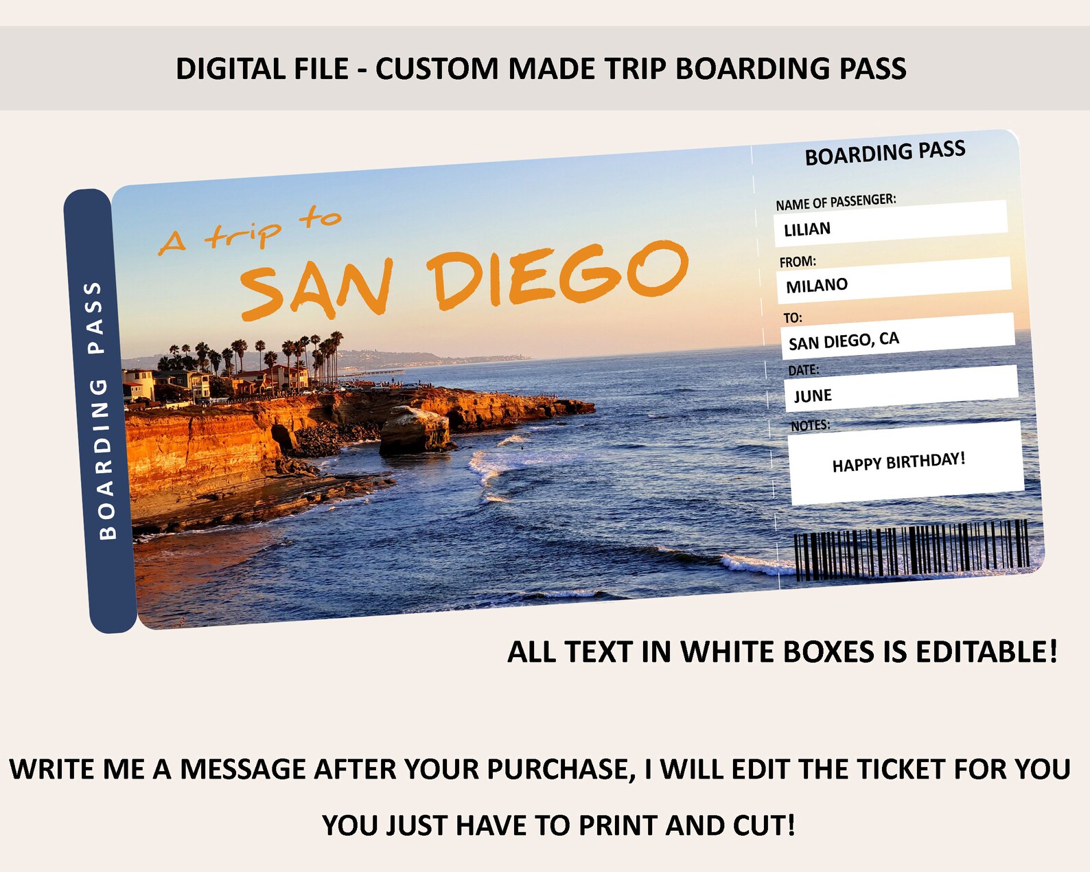 San Diego Trip Ticket San Diego Gift Surprise Boarding Pass Etsy