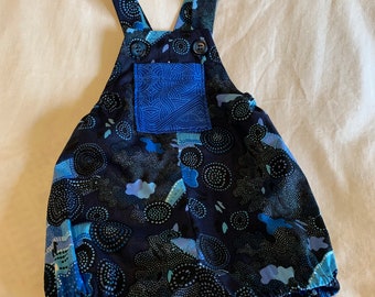 Baby Romper & Hat_Aboriginal Fabric_ Authentic Australian Indigenous_ Australian Aboriginal_ Jijaka_Blue Romper_ Cotton